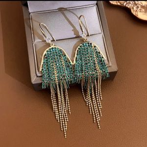 Long  tassel earrings  green and blue stone